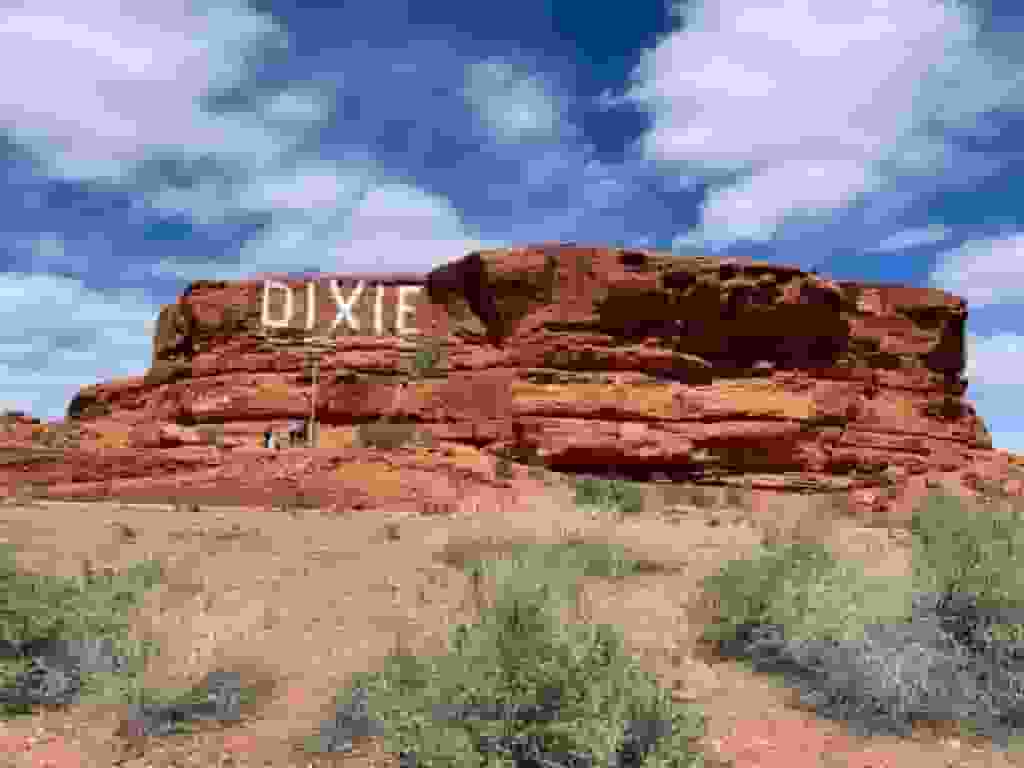 Front view of Dixie Rock Located in pioneer park in St george utah