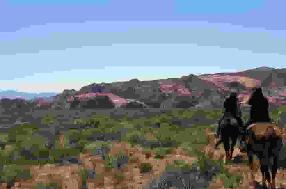 Back view of 2 riders on a horses in the Snow Canyon nation park in St. george utah