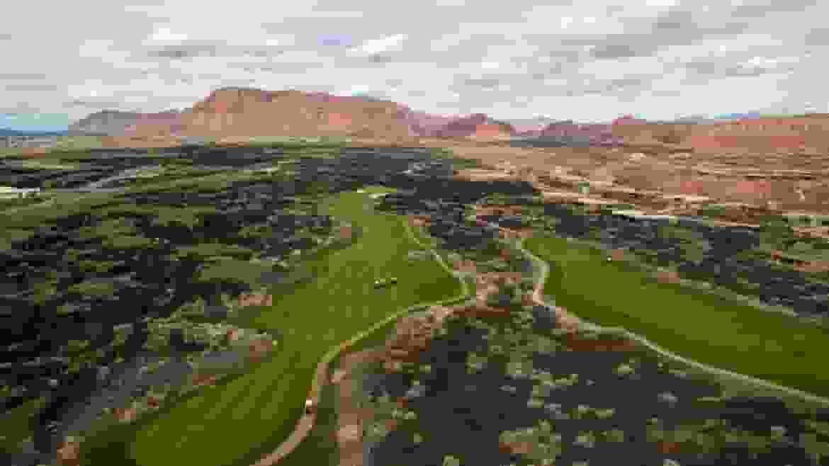 Aerial view of the green on Entrada Golf Course in St George Utah