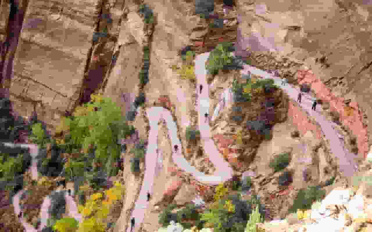 Wide Angle Aerial view of The winding road in Zion National park near St George Utah